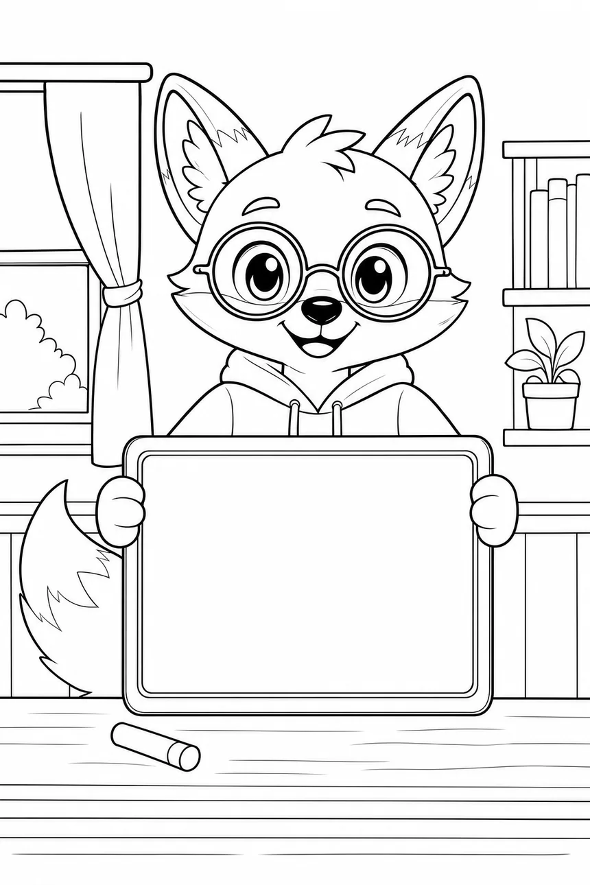 Coloriage de Ren le renard qui tient à deux pattes une grande ardoise vide, une craie posée devant lui sur la table
