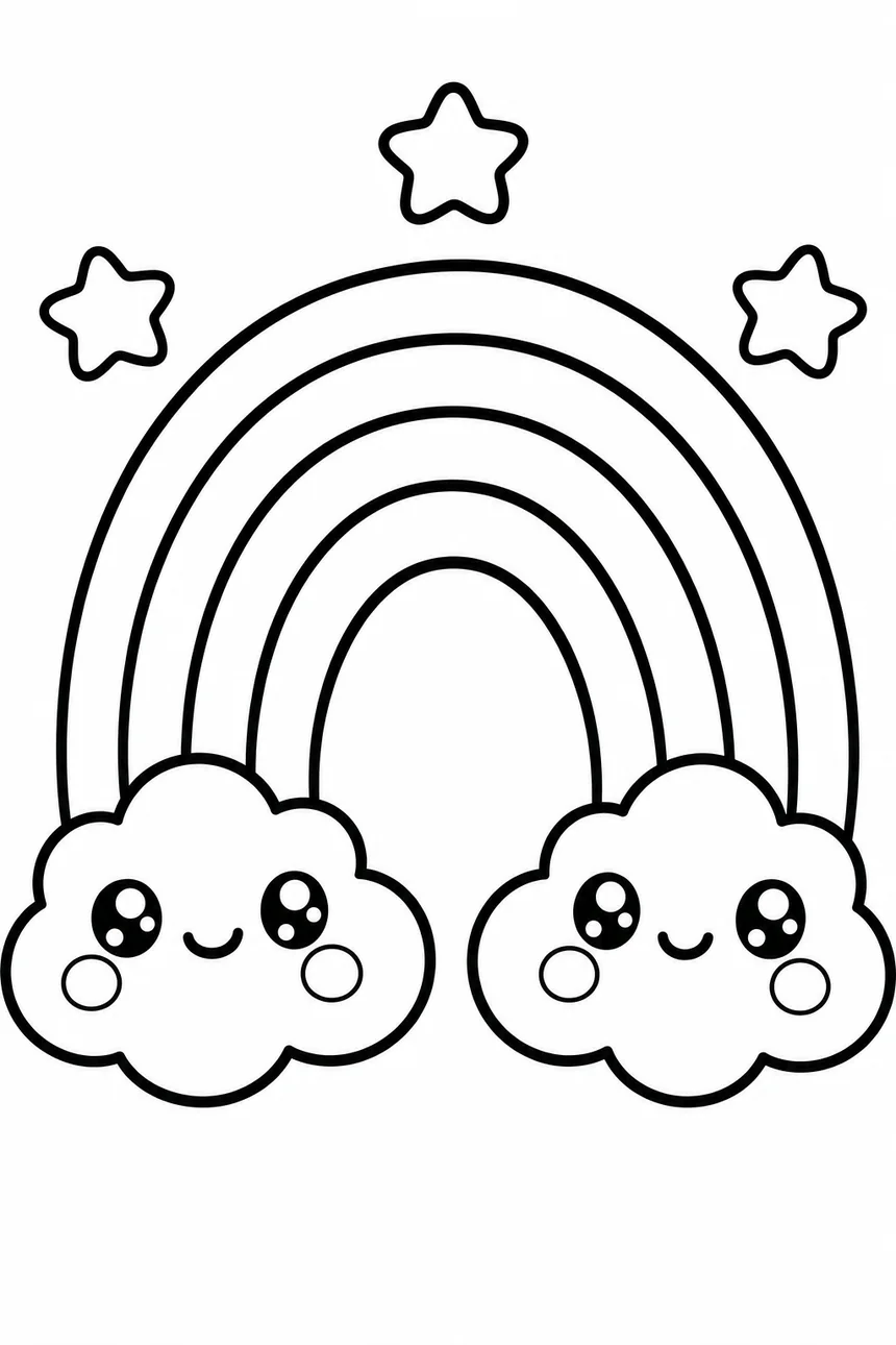 Coloriage kawaii d'un grand arc-en-ciel à larges bandes entre deux nuages souriants, trois petites étoiles autour