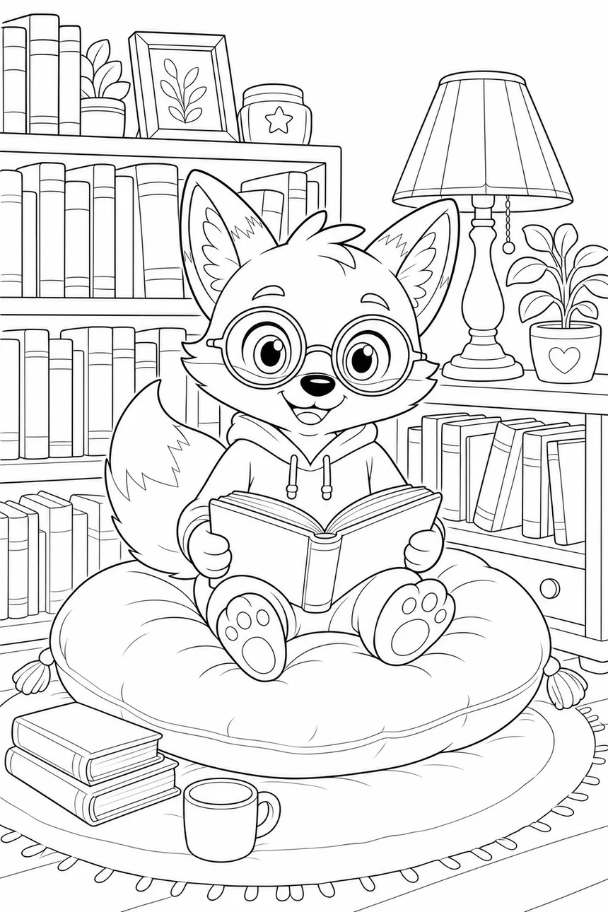 Coloriage de Ren le renard assis sur un gros coussin dans un coin lecture, livre ouvert sur les genoux, étagères basses remplies de livres, lampe et plante