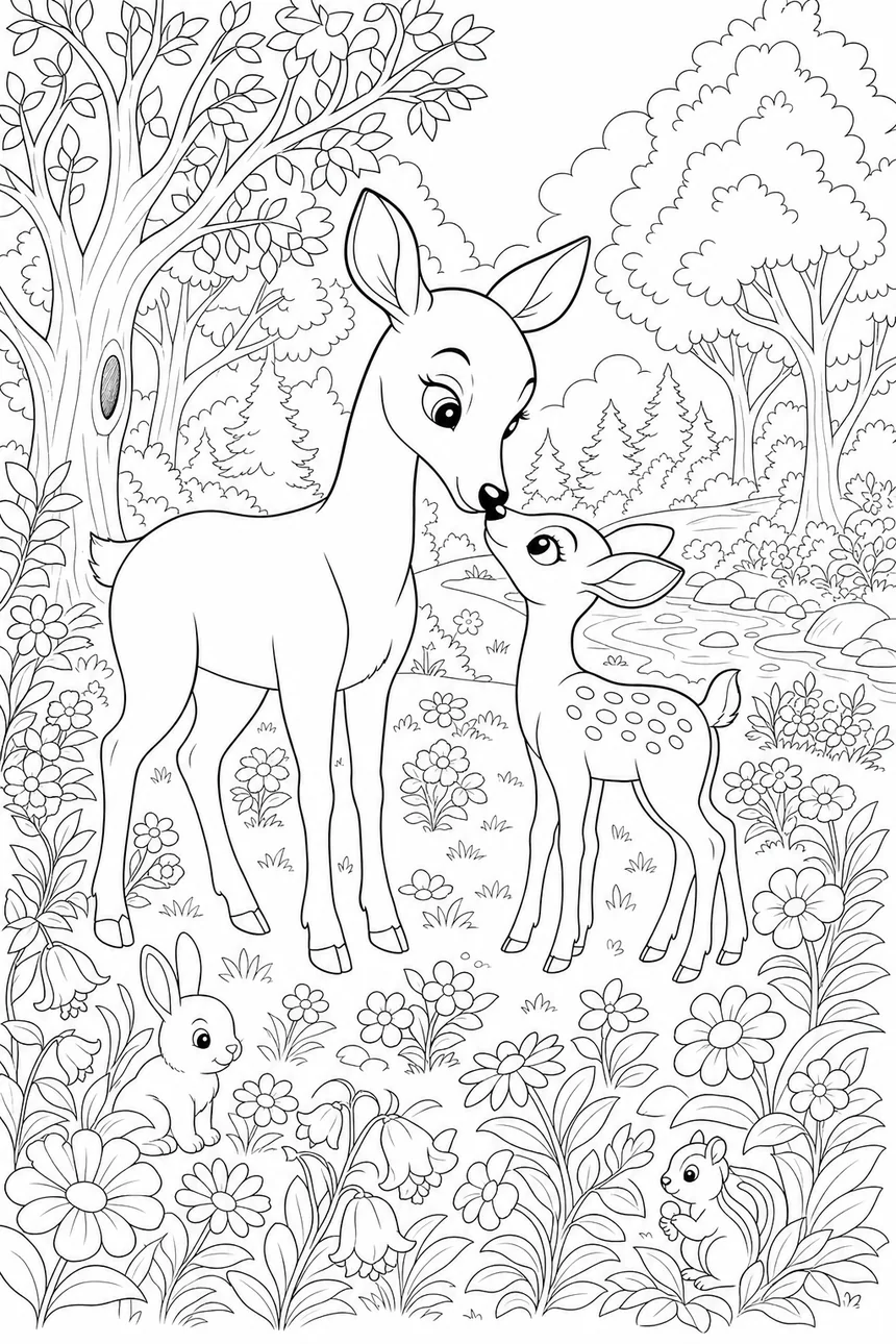 Coloriage d'une biche penchée vers son petit faon au dos tacheté, museau contre museau, dans une clairière avec fleurs et arbres