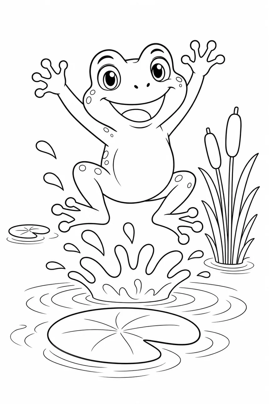 Coloriage de Bulle la grenouille qui saute d'un nénuphar pour plonger dans la mare, bras levés, gouttes d'eau autour