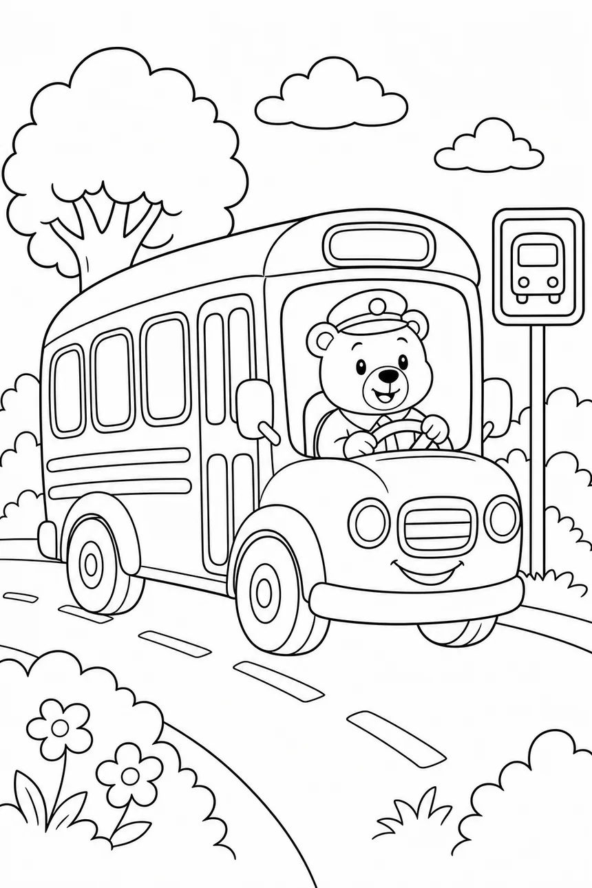 Coloriage d'un bus scolaire tout rond avec de grandes fenêtres, un ours chauffeur souriant au volant, un panneau au bord de la route