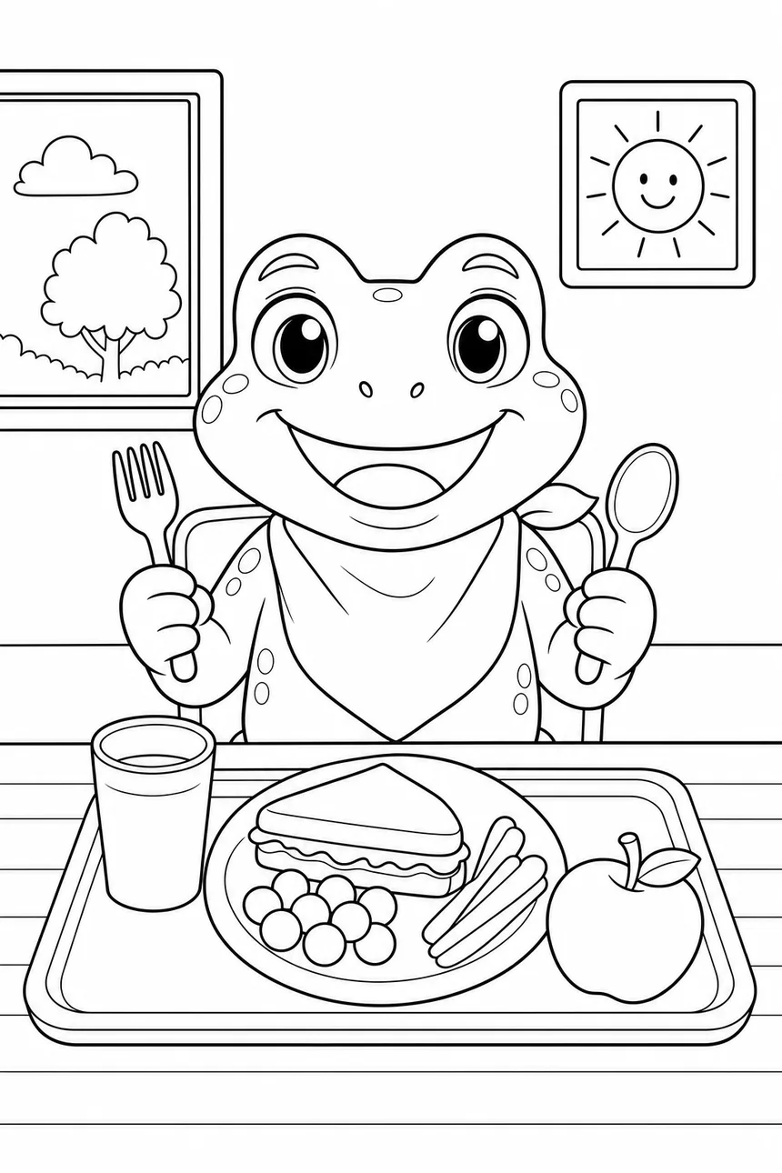 Coloriage de Bulle la grenouille assise à la table de la cantine devant un plateau avec assiette, verre et pomme, serviette nouée au cou
