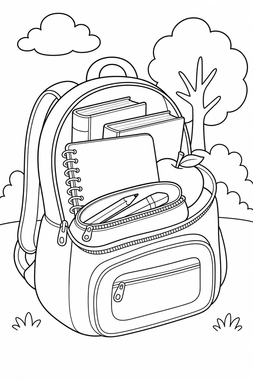 Coloriage d'un grand cartable ouvert d'où dépassent une trousse, deux livres, un cahier et une pomme