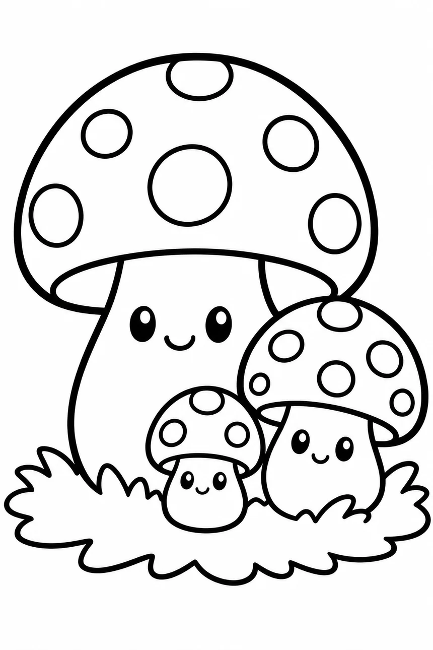 Coloriage de trois champignons ronds de tailles décroissantes serrés sur une touffe d'herbe, des points sur les chapeaux