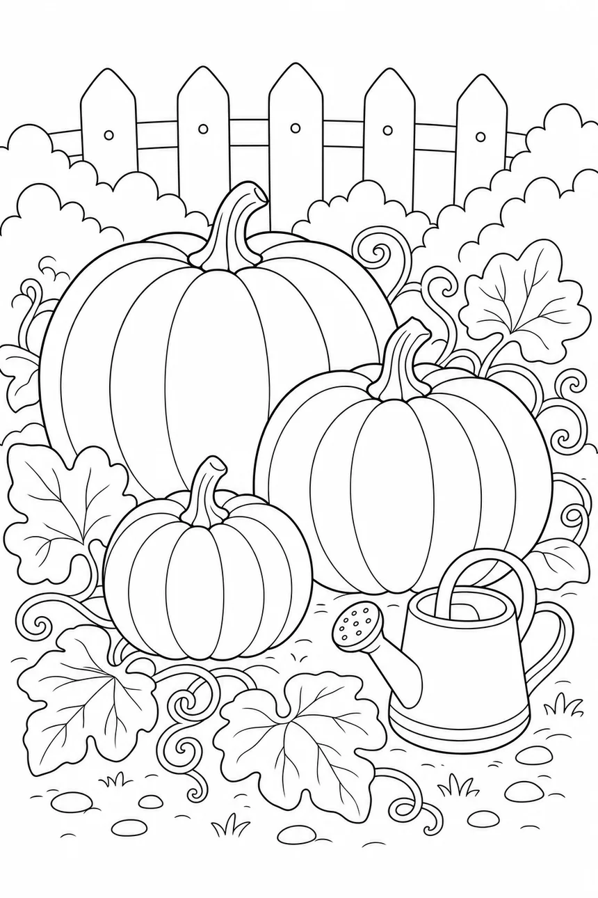 Coloriage de trois citrouilles de tailles différentes au potager, lianes enroulées et grandes feuilles, un petit arrosoir posé à côté