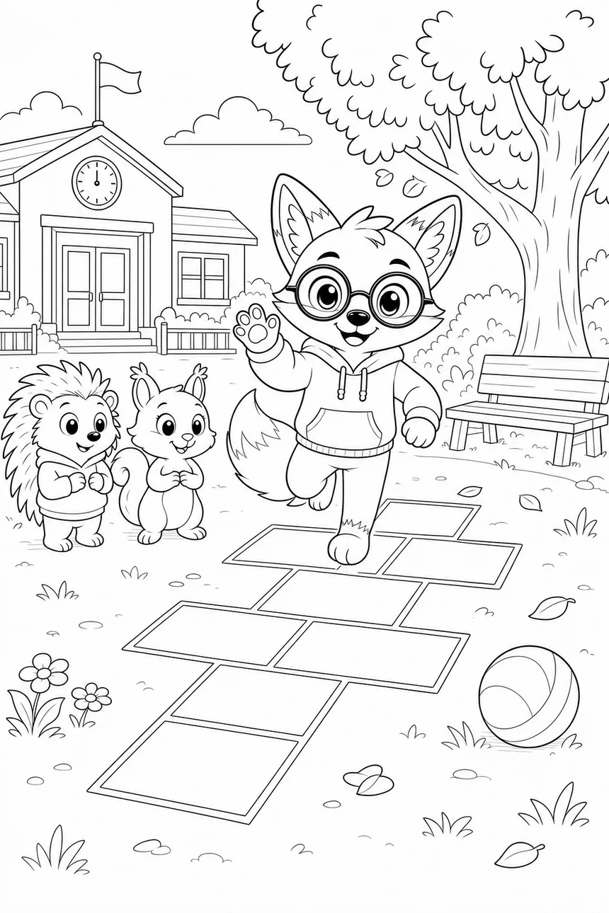 Coloriage de Ren le renard qui saute sur une marelle aux cases vides, Malo et Nina attendent leur tour, arbre, banc et ballon dans la cour