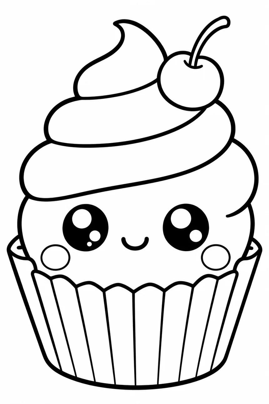Coloriage kawaii d'un grand cupcake dans sa caissette plissée, tourbillon de crème souriant et cerise sur le sommet
