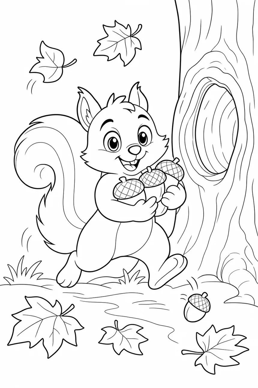 Coloriage de Nina l'écureuil portant une brassée de glands vers le creux d'un arbre, des feuilles d'automne tombent, un gland roule au sol