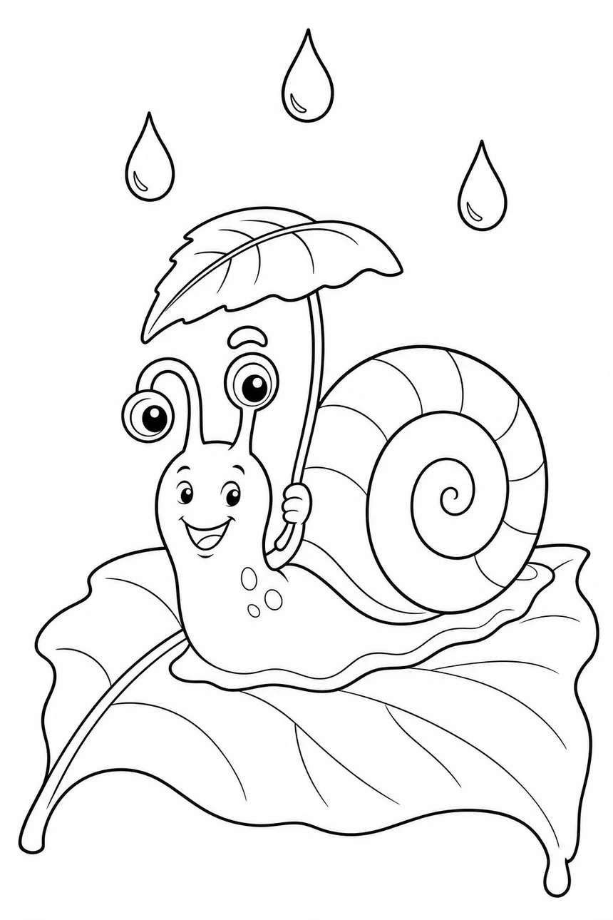 Coloriage d'un escargot souriant qui glisse sur une grande feuille sous trois gouttes de pluie, une petite feuille levée en parapluie