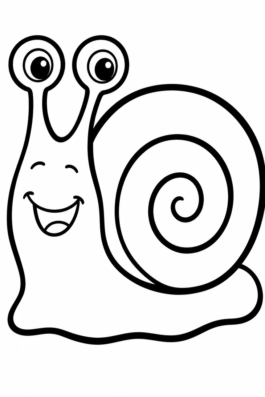 Coloriage d'un escargot souriant dont la coquille en spirale occupe presque toute la page, deux petites cornes aux yeux ronds