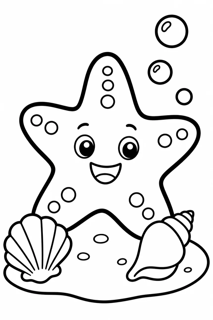 Coloriage d'une grande étoile de mer souriante posée sur le sable, deux coquillages et des bulles autour