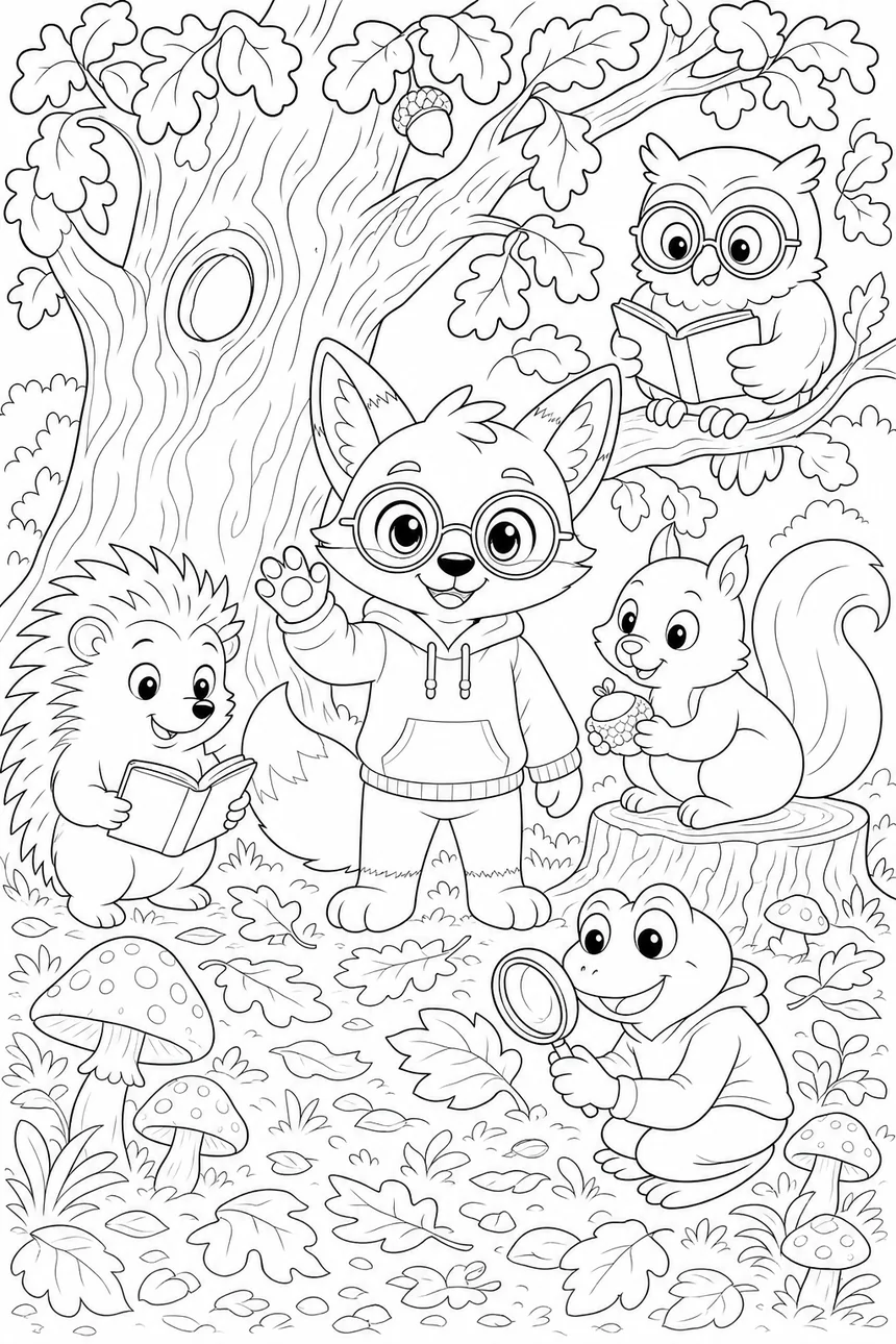 Coloriage de Ren le renard et ses amis réunis autour du grand chêne : le hérisson lit, l'écureuil est sur une souche, la chouette dans l'arbre, la grenouille joue à la loupe