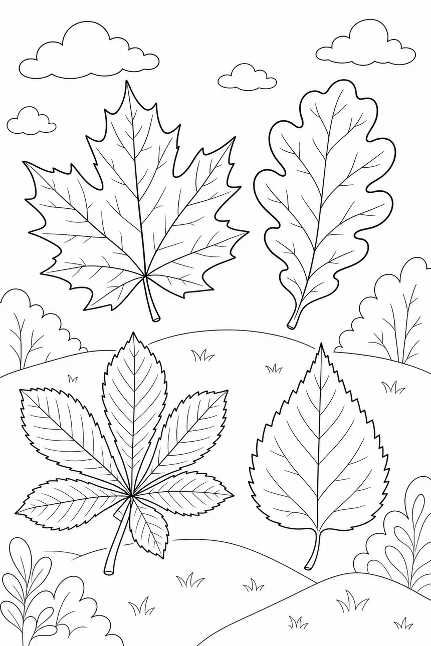 Planche de quatre grandes feuilles d'automne différentes disposées en carré : érable, chêne, marronnier et bouleau, nervures détaillées