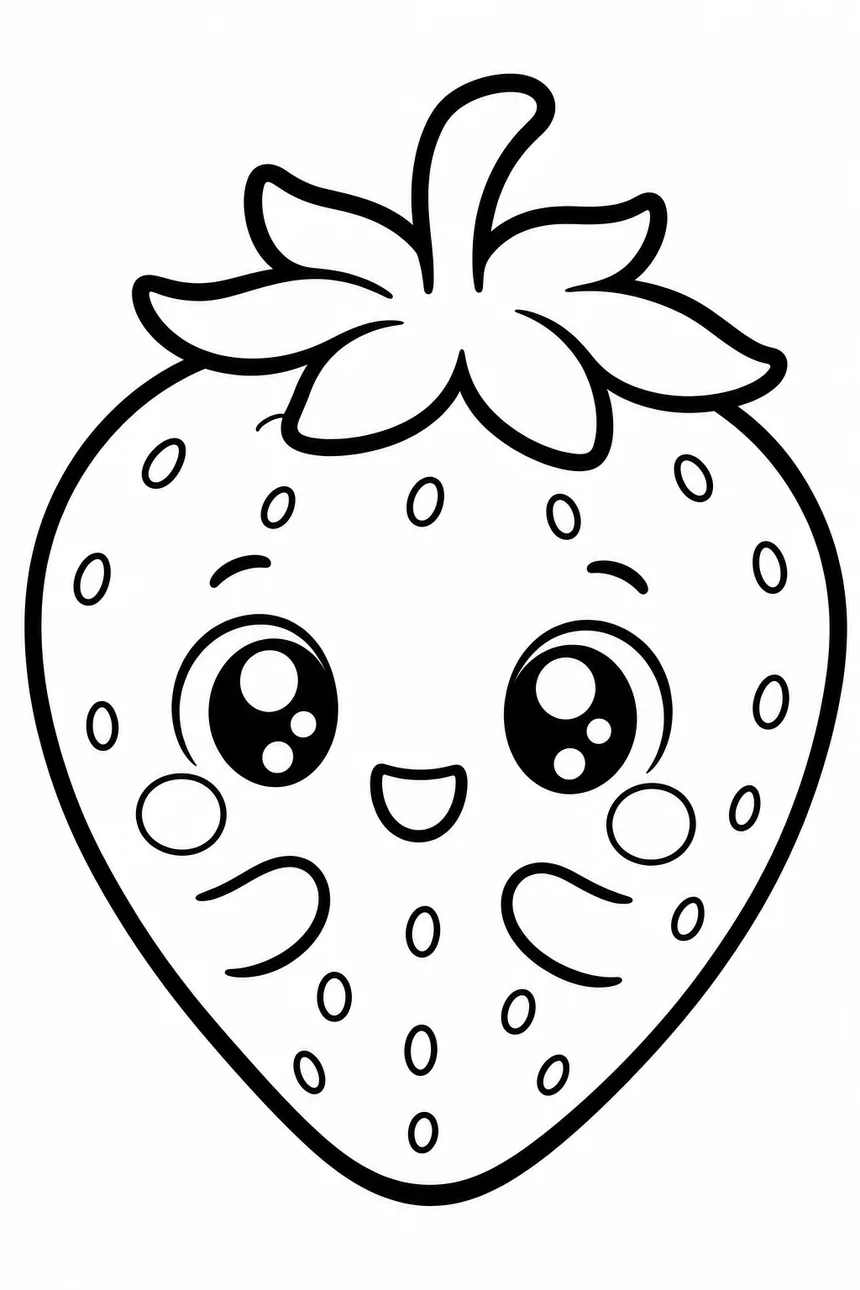 Coloriage kawaii d'une fraise géante souriante avec des petits pépins ovales et une couronne de feuilles