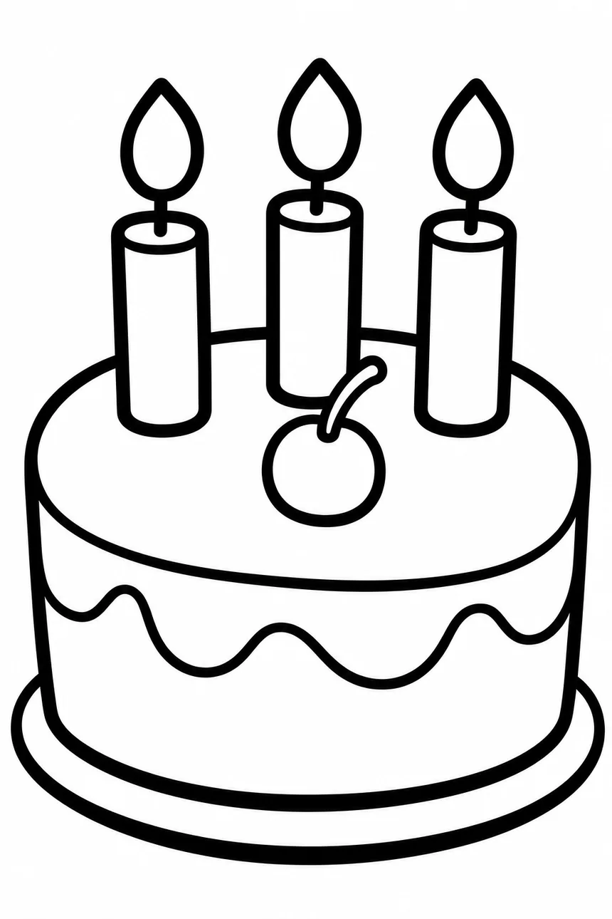 Coloriage d'un grand gâteau d'anniversaire à un étage avec ses trois grandes bougies, des vagues de crème et une cerise