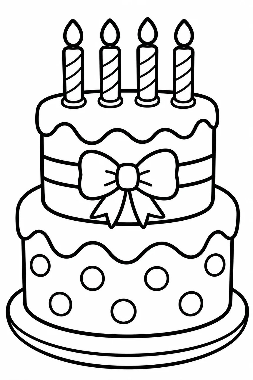 Coloriage d'un gâteau d'anniversaire à deux étages avec ses quatre bougies, des pois sur l'étage du bas et un nœud sur celui du haut