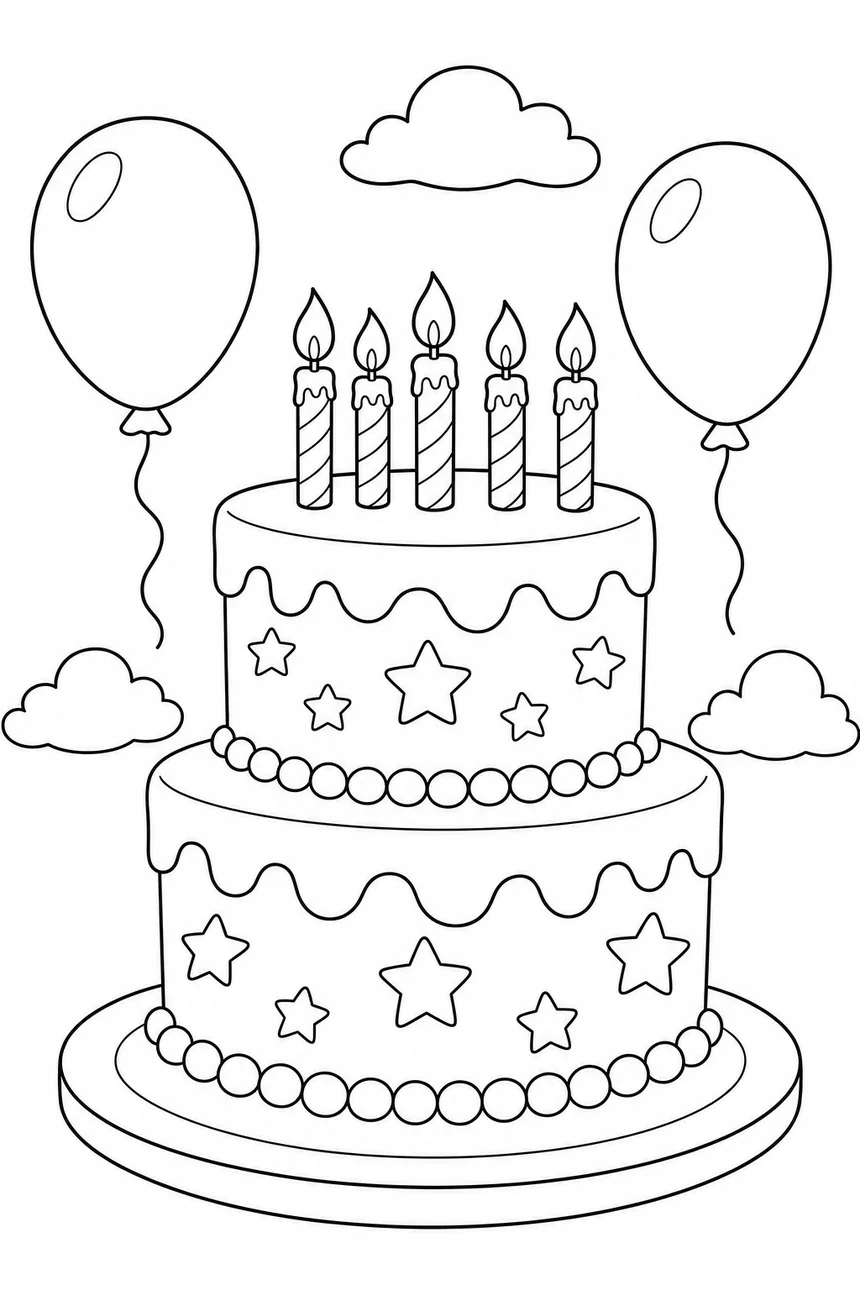 Coloriage d'un gâteau d'anniversaire à deux étages avec ses cinq bougies, des étoiles sur les étages, des coulures de crème et deux ballons