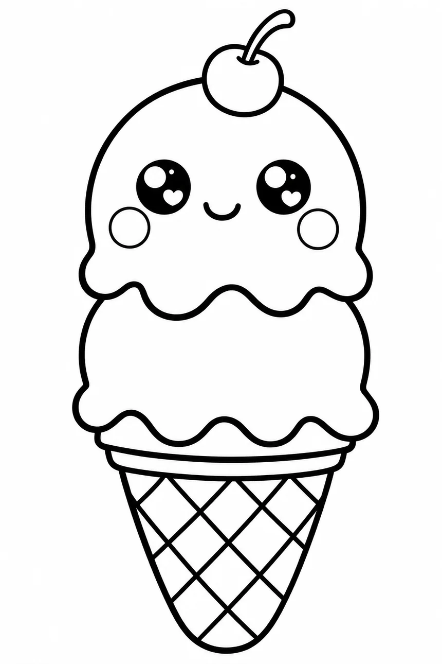Coloriage kawaii d'un grand cornet de glace à deux boules avec un visage souriant et une cerise sur le dessus
