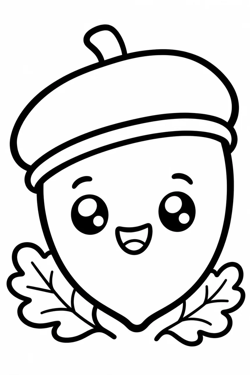 Coloriage d'un gland géant souriant portant son chapeau comme un béret penché, deux petites feuilles de chêne à côté