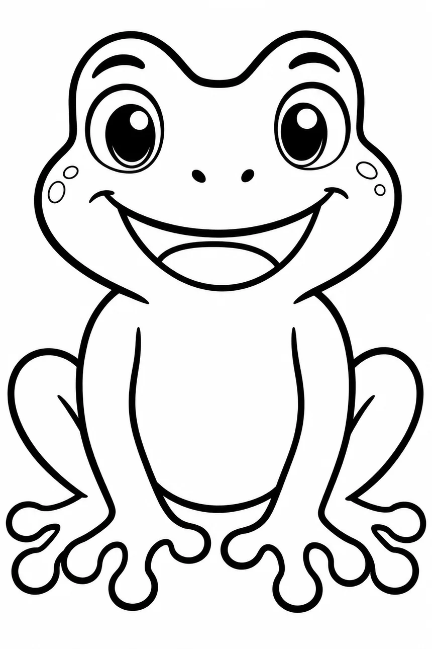 Coloriage de Bulle la grenouille assise face à nous, grand sourire, gros yeux ronds au-dessus de la tête