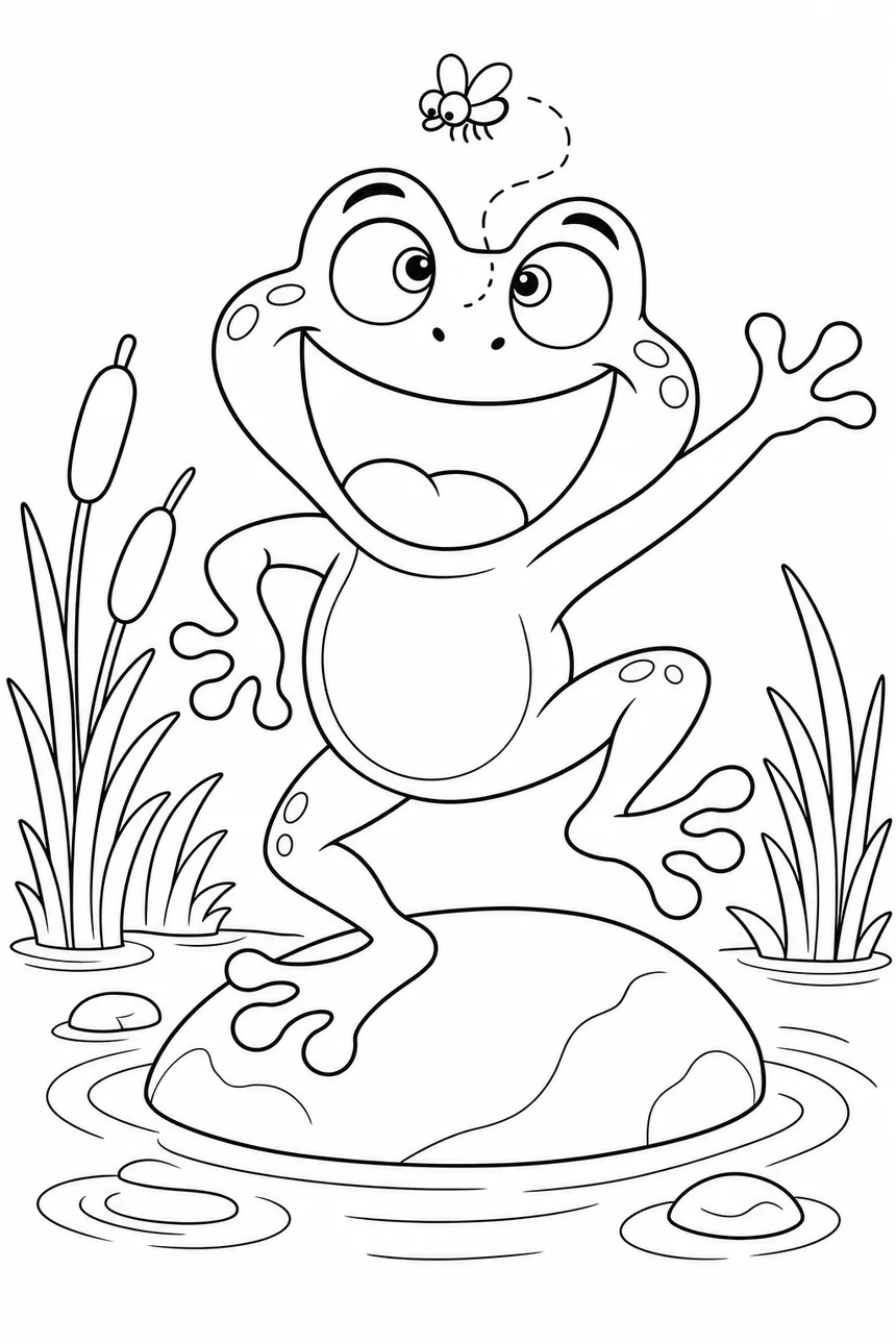Coloriage de Bulle la grenouille qui rit avec une bouche immense, les yeux croisés vers une petite mouche, debout sur une pierre