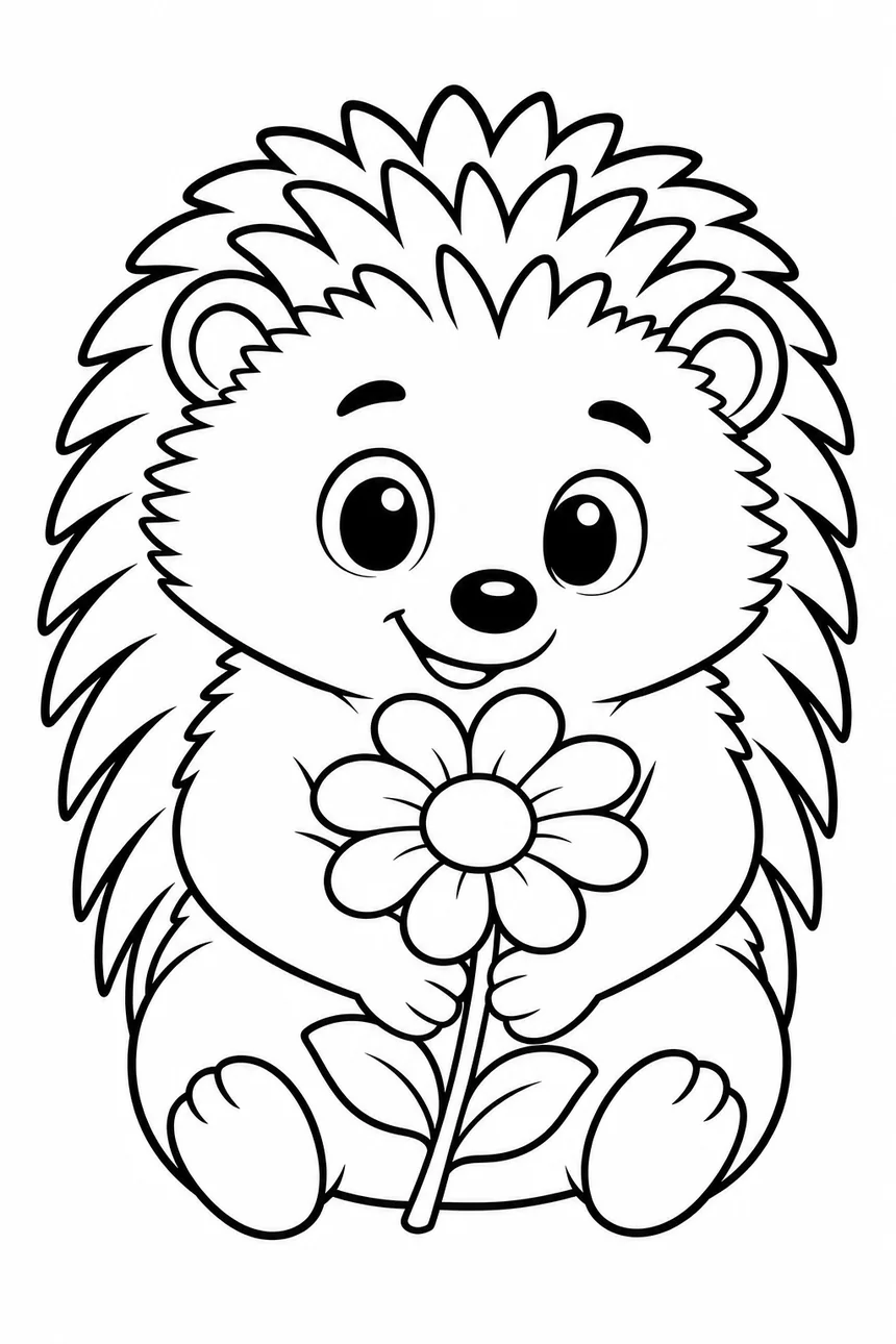 Coloriage de Malo le hérisson assis qui tient une grande marguerite entre ses deux pattes, l'air attendri