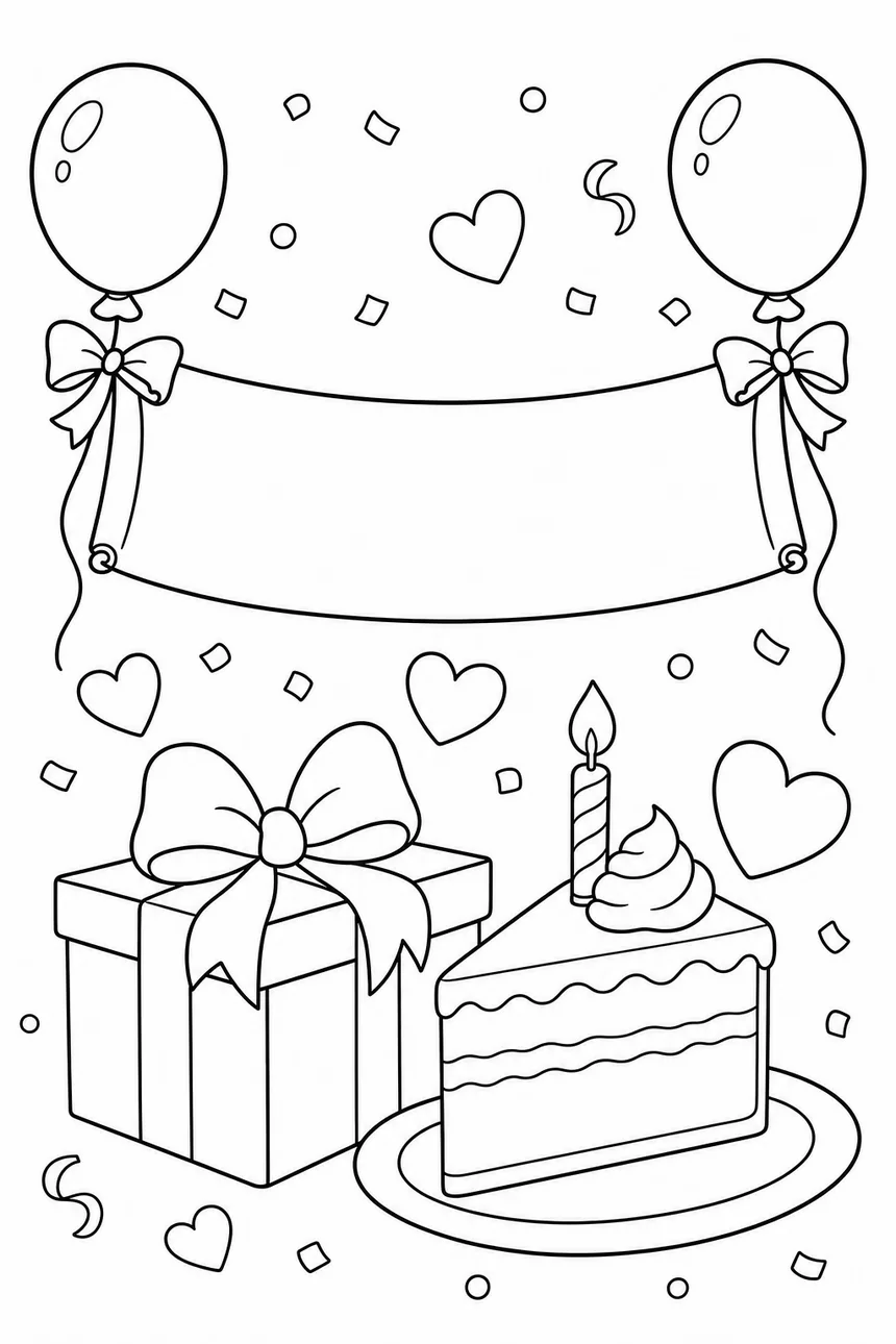 Coloriage d'anniversaire pour papa : une grande banderole vide entre deux ballons, un cadeau à nœud et une part de gâteau, cœurs et confettis