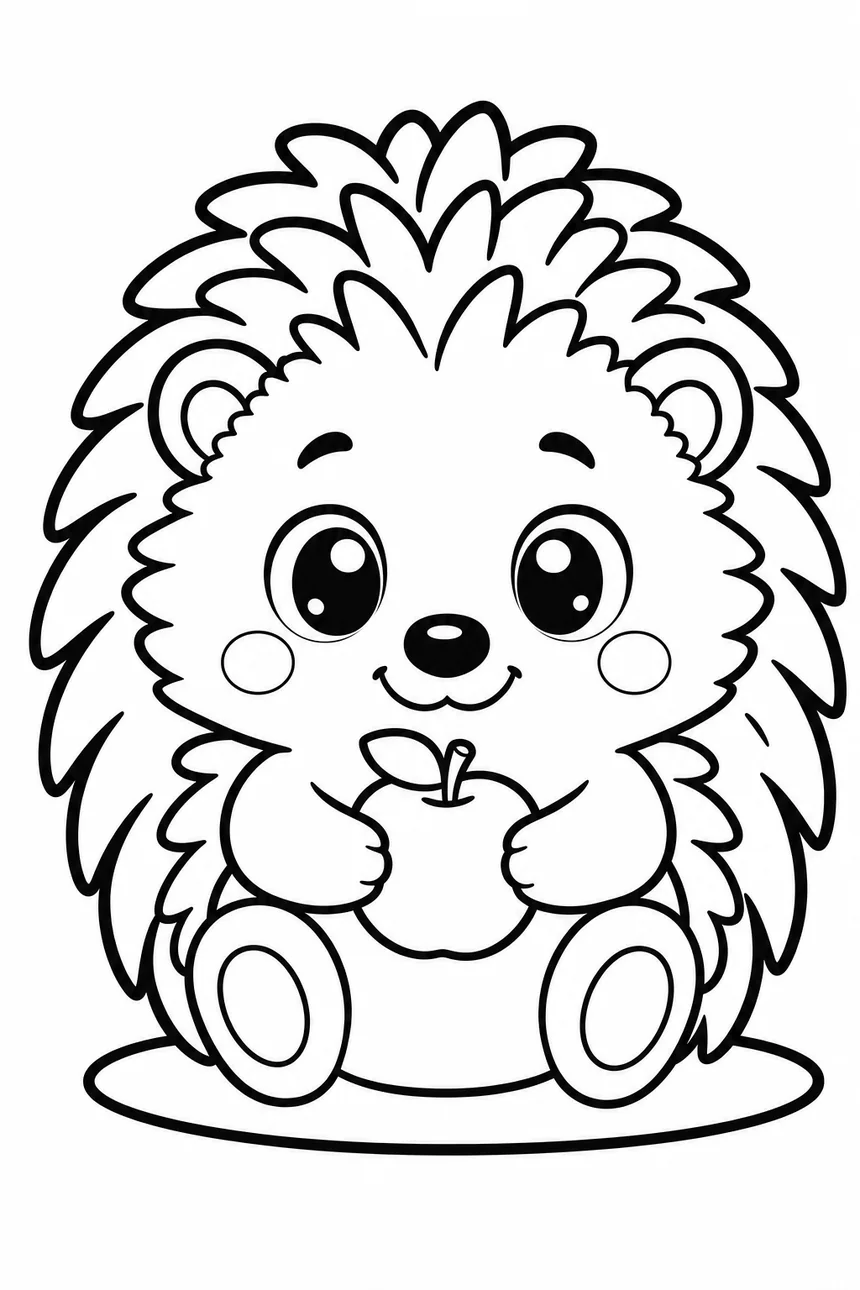Coloriage kawaii de Malo le hérisson assis, tout rond, tenant une petite pomme entre ses pattes, piquants arrondis