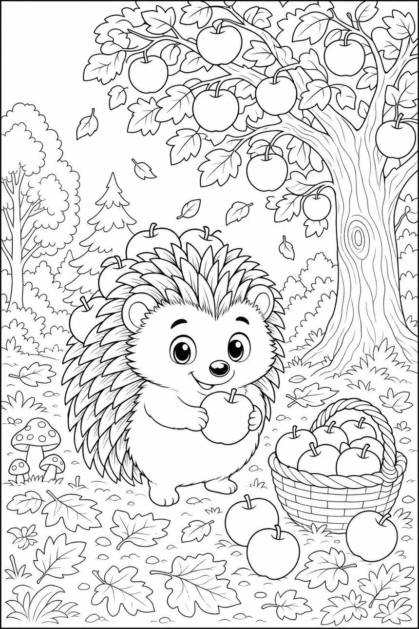 Coloriage de Malo le hérisson sous un pommier, des pommes sur son dos et au sol, des feuilles qui tombent