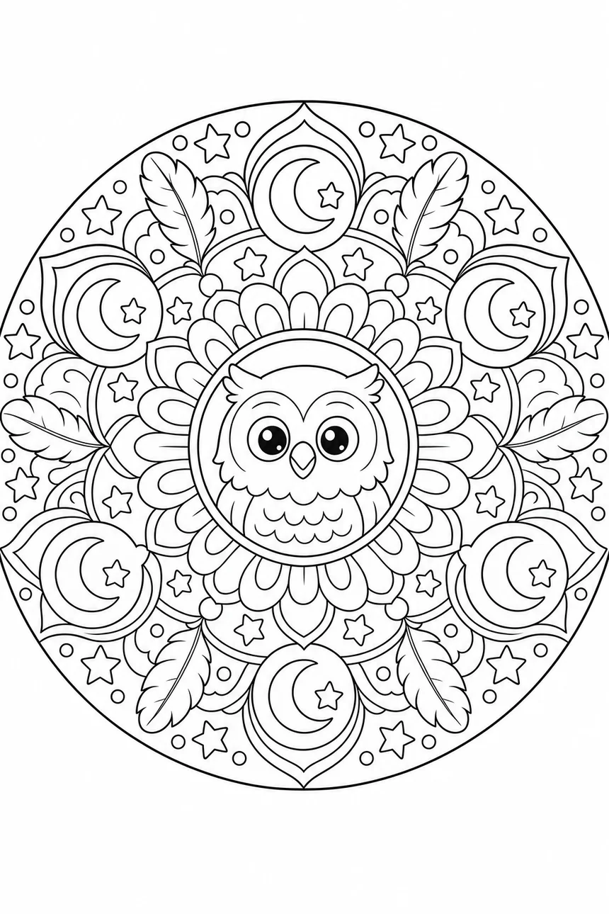 Mandala chouette : un visage de chouette au centre, entouré d'anneaux de plumes, d'étoiles et de croissants de lune