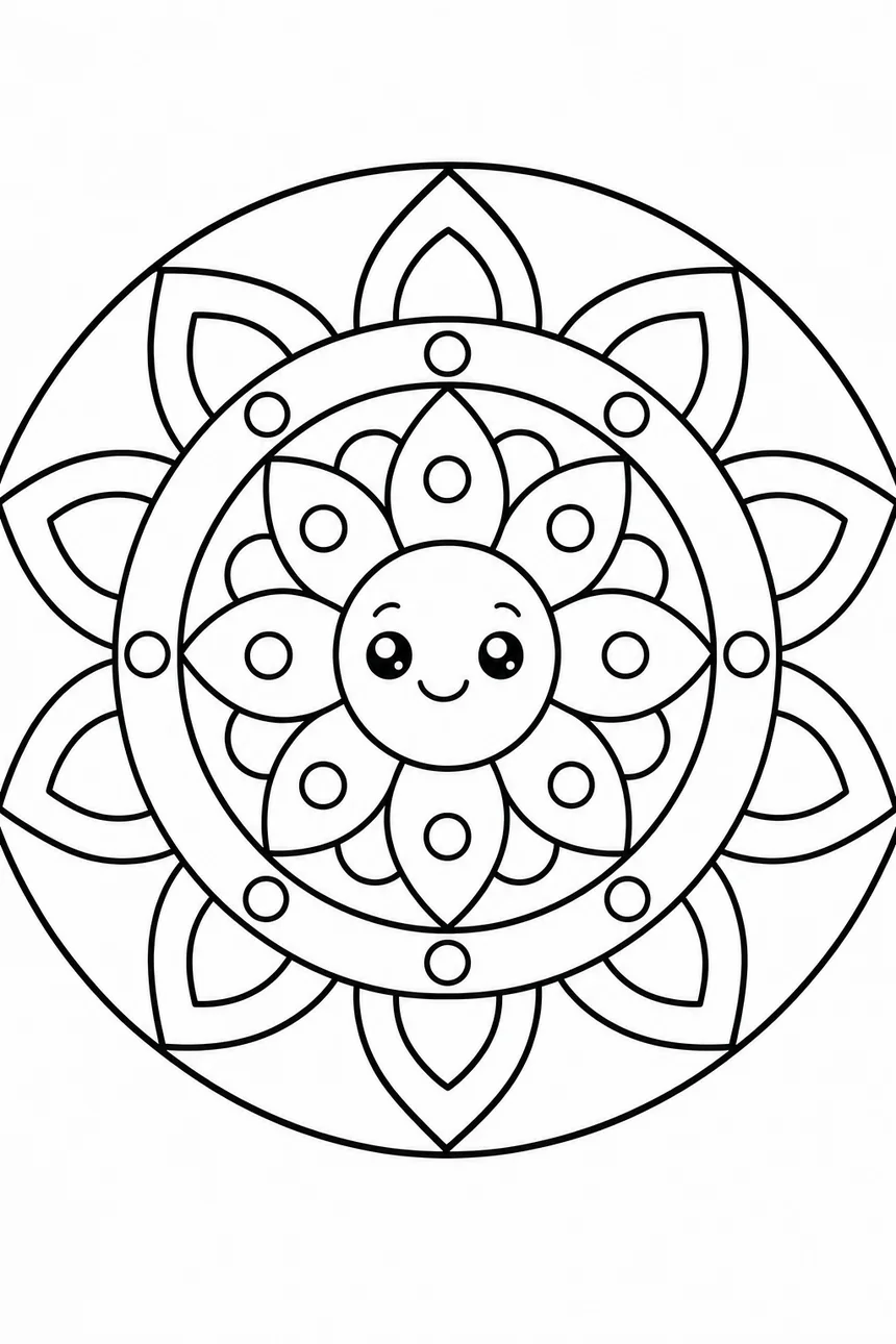 Mandala pour enfant de 5 ans : trois anneaux de pétales et de petits cercles autour d'un centre souriant