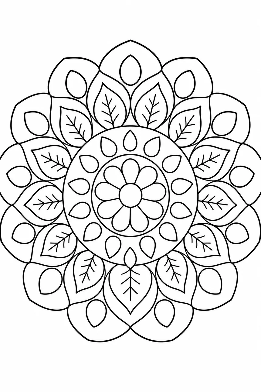 Mandala pour enfant de 6 ans : trois anneaux mêlant pétales, feuilles et formes de gouttes