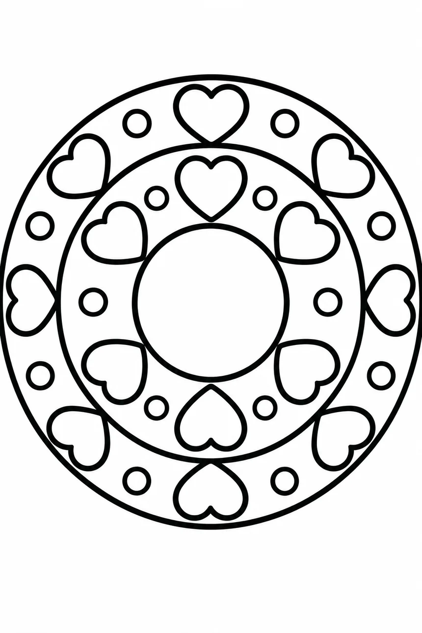 Mandala facile pour enfant de 4 ans : un grand cercle central entouré de deux anneaux de cœurs et de gros points