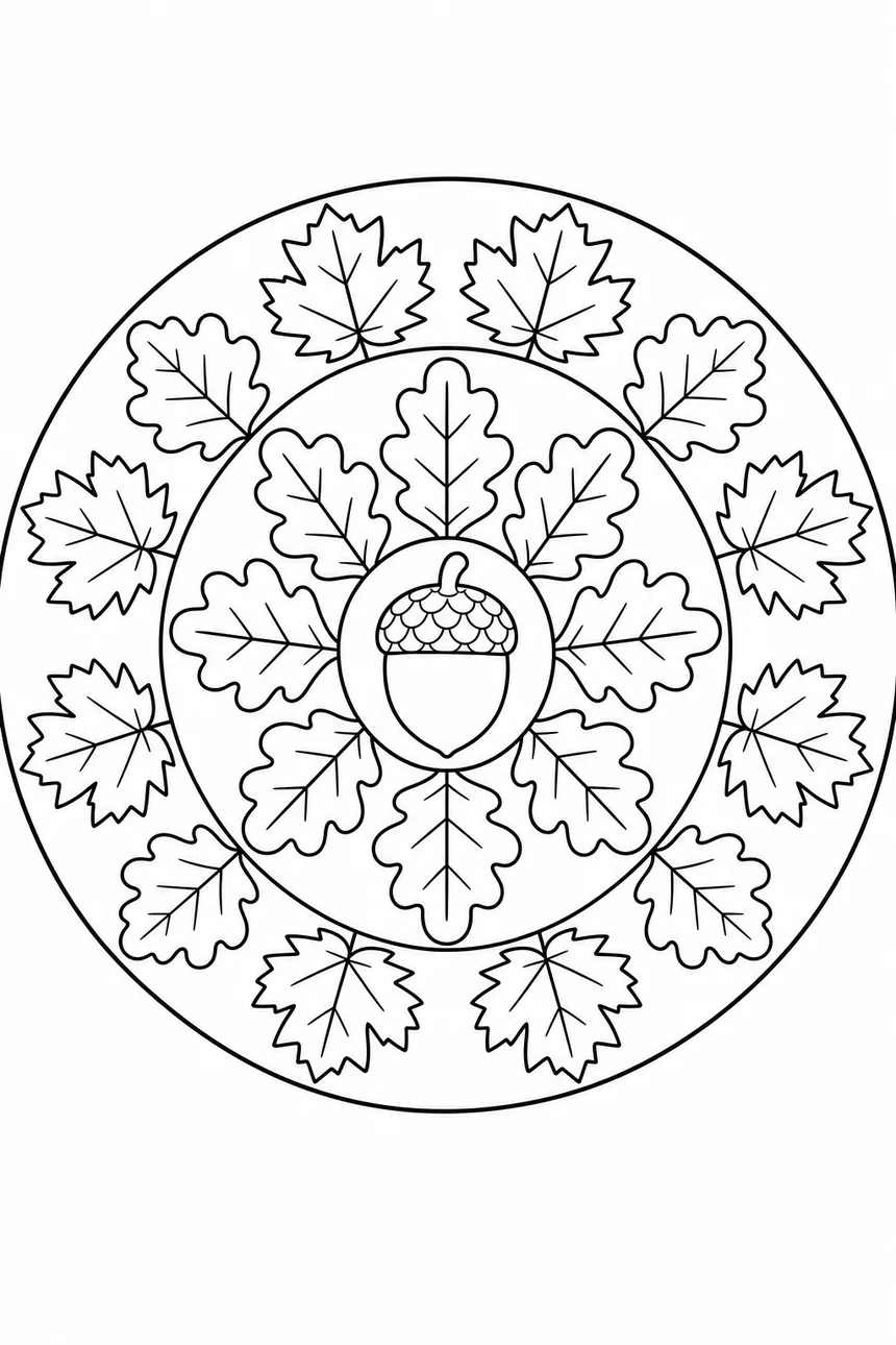 Mandala d'automne : des feuilles d'érable et de chêne disposées en trois anneaux autour d'un gland central