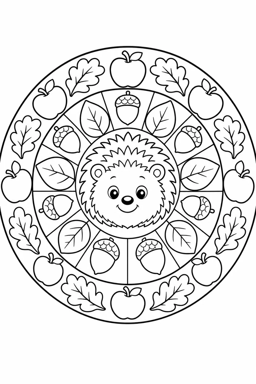 Mandala hérisson : un visage de hérisson au centre, entouré d'anneaux de feuilles, de glands et de petites pommes