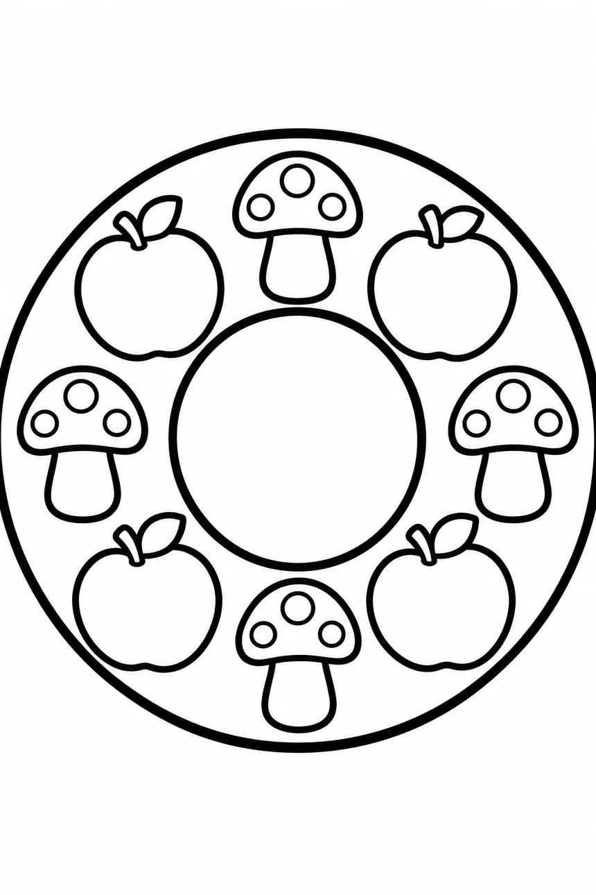 Mandala d'automne pour la maternelle : deux anneaux alternant gros champignons et grosses pommes rondes