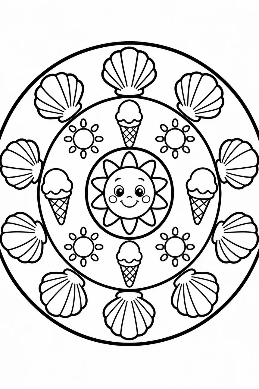 Mandala d'été pour la maternelle : coquillages, cornets de glace et petits soleils disposés en deux anneaux simples