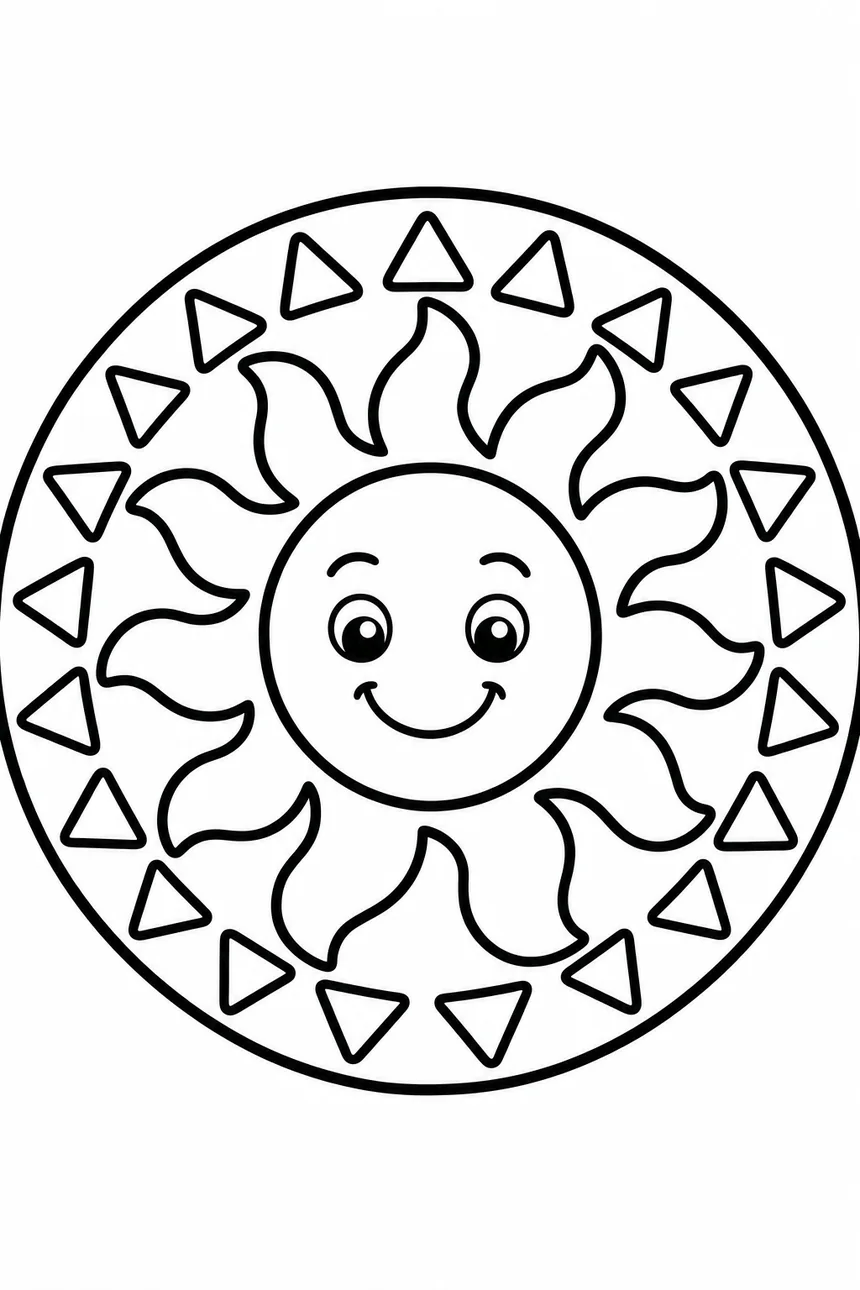 Mandala soleil : un visage de soleil souriant au centre, un anneau de grands rayons ondulés, un anneau de petits rayons pointus