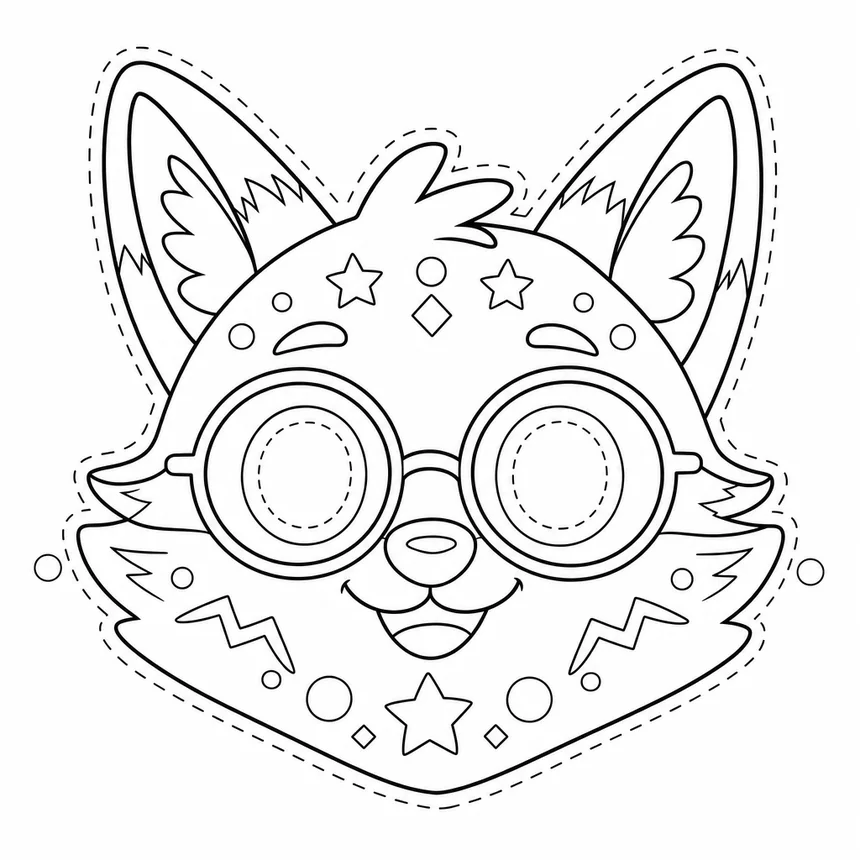 Coloriage d'un masque de renard à colorier et découper, avec des motifs et deux trous sur les côtés