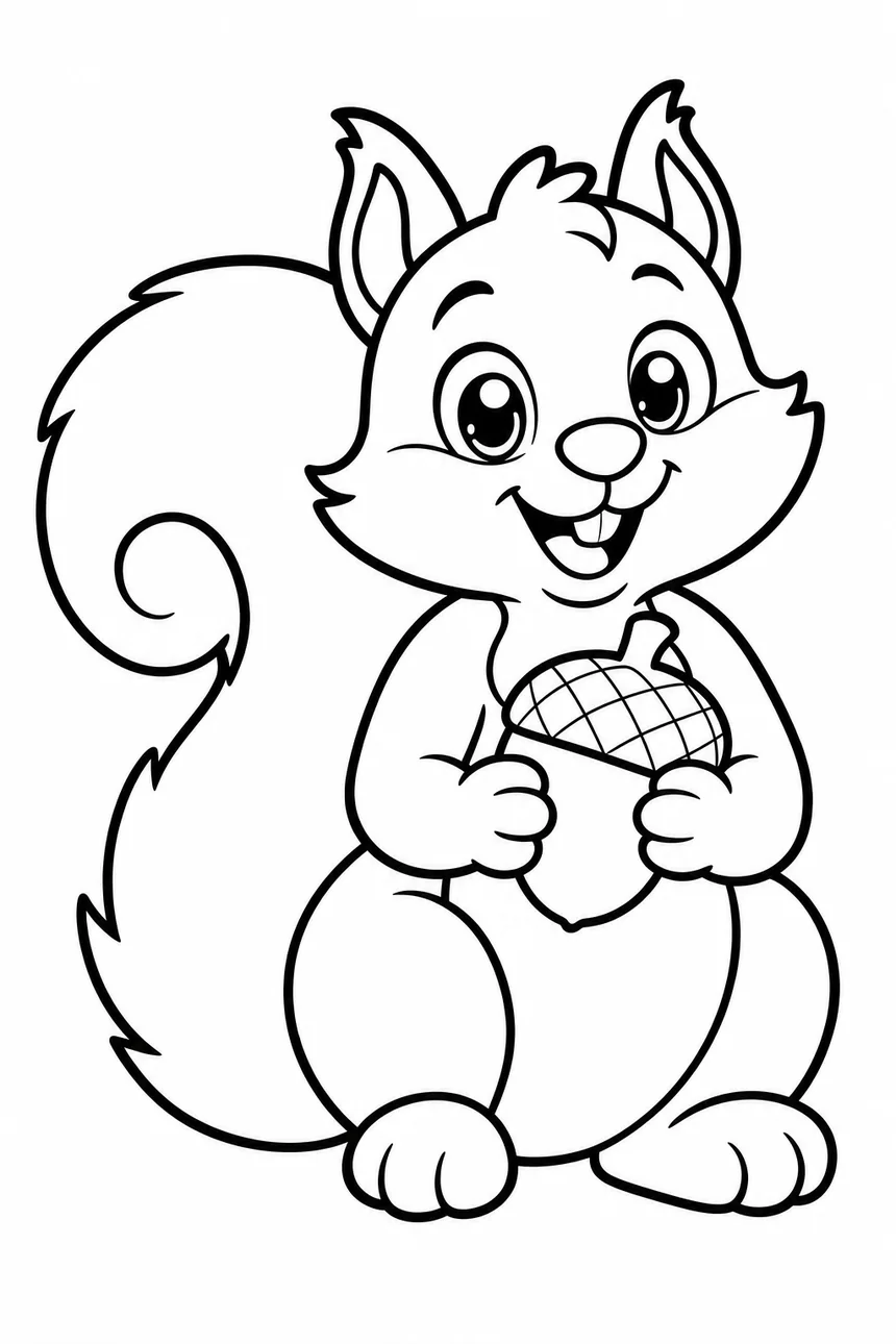Coloriage de Nina l'écureuil assise, tenant un gros gland entre ses pattes