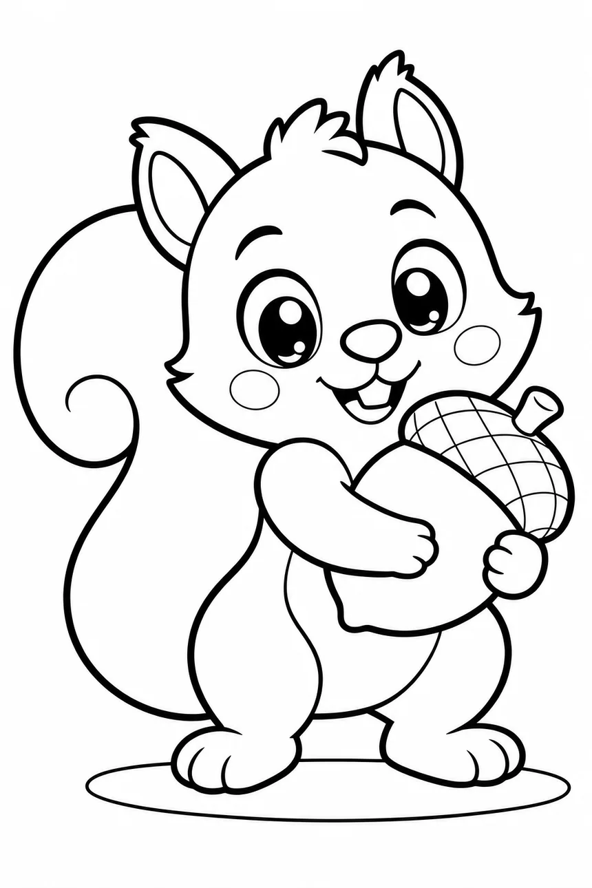 Coloriage kawaii de Nina l'écureuil qui serre un gros gland contre elle, avec une immense queue touffue derrière