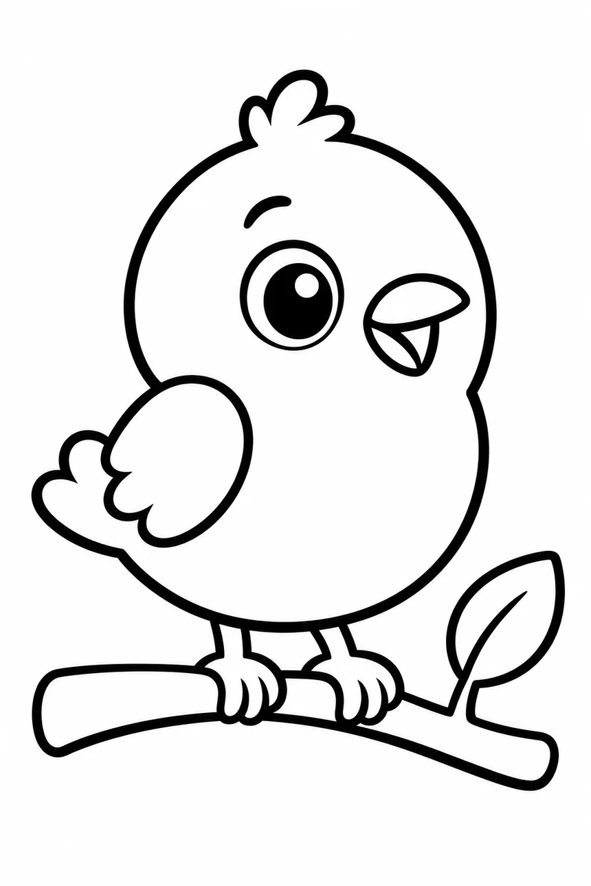 Coloriage d'un petit oiseau rond posé sur une branche simple avec une feuille, petite aile et œil joyeux