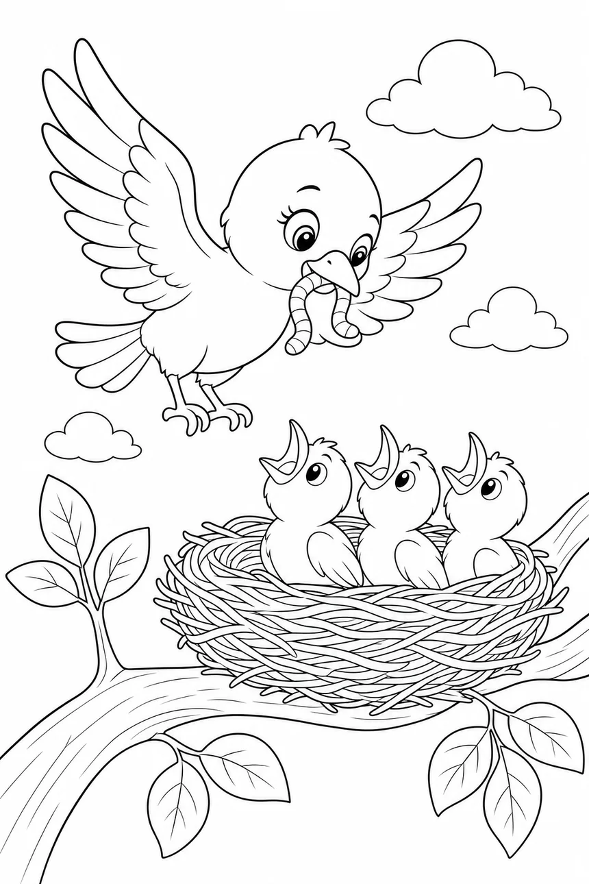 Coloriage d'une maman oiseau qui se pose sur son nid avec un ver, trois oisillons au bec grand ouvert l'attendent