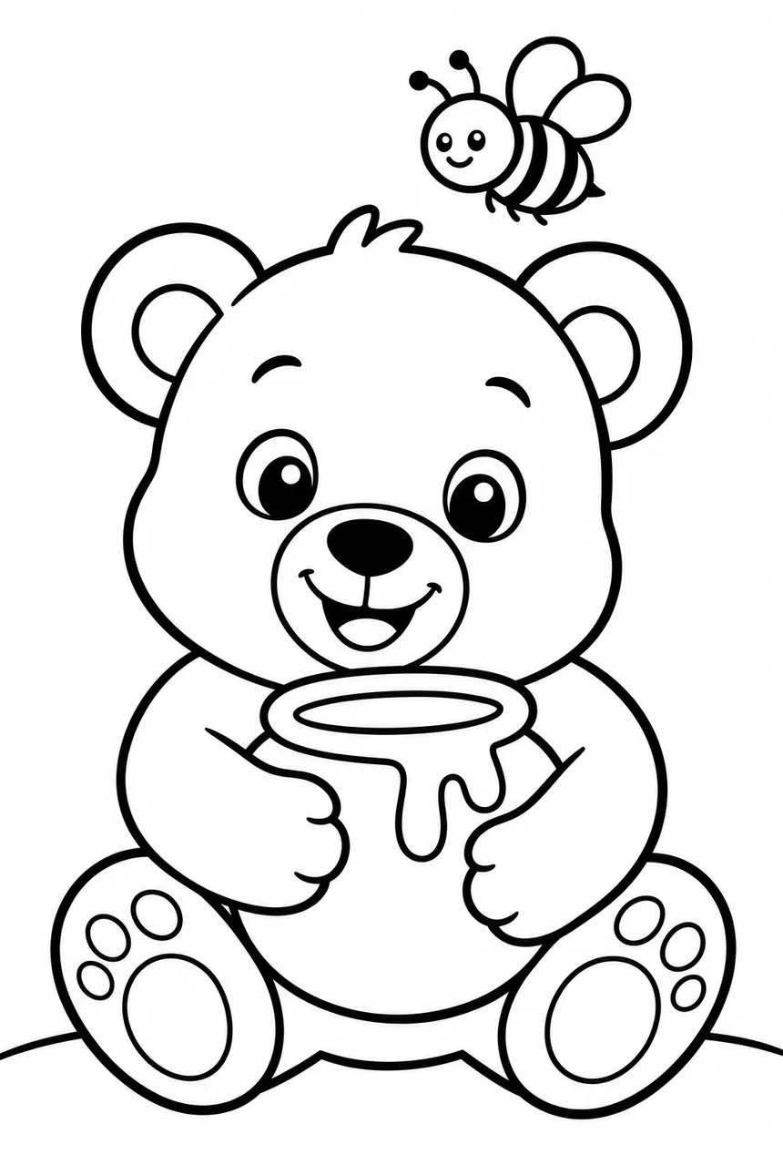 Coloriage d'un ourson assis qui serre un gros pot de miel rond, une abeille vole au-dessus de sa tête