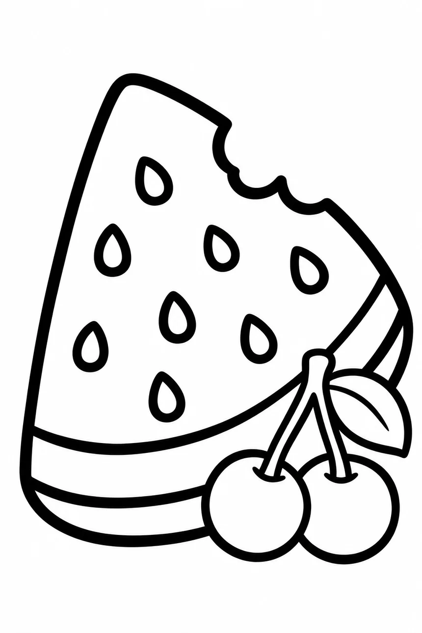 Coloriage d'une grande tranche de pastèque avec une bouchée croquée et de gros pépins, deux cerises posées à côté