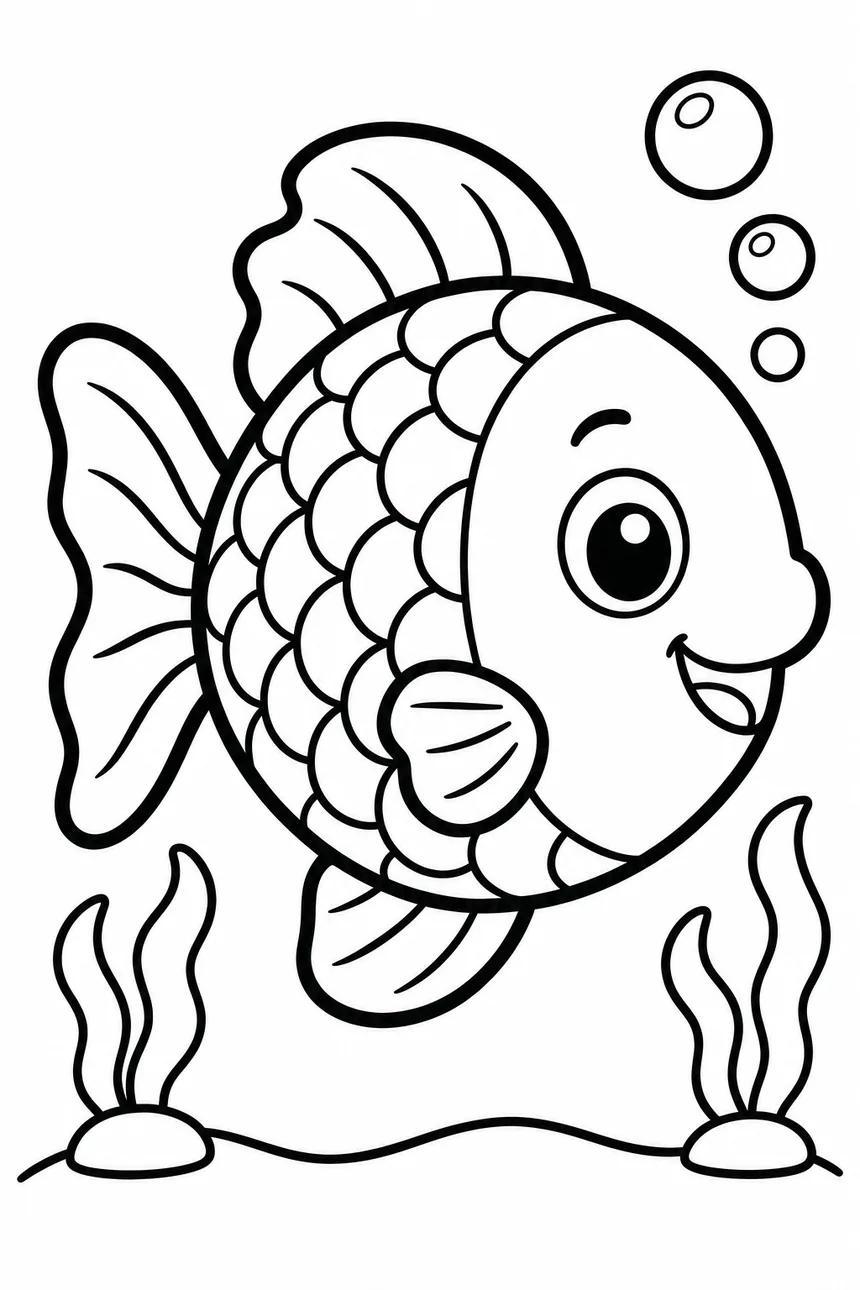 Coloriage d'un gros poisson souriant aux grandes écailles rondes, avec des bulles et deux algues ondulées