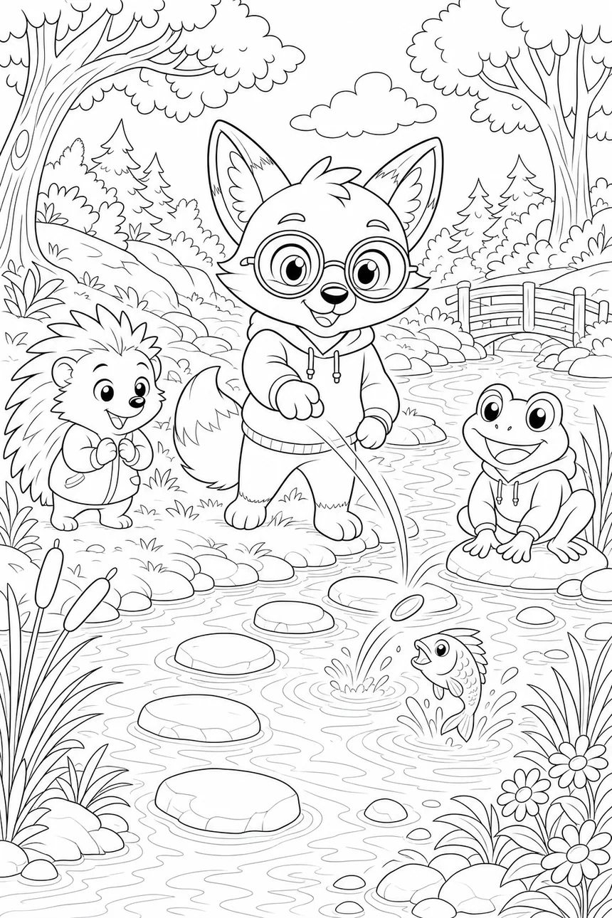 Coloriage de Ren le renard qui fait des ricochets au bord de la rivière avec Malo le hérisson et Bulle la grenouille, pierres de gué et roseaux