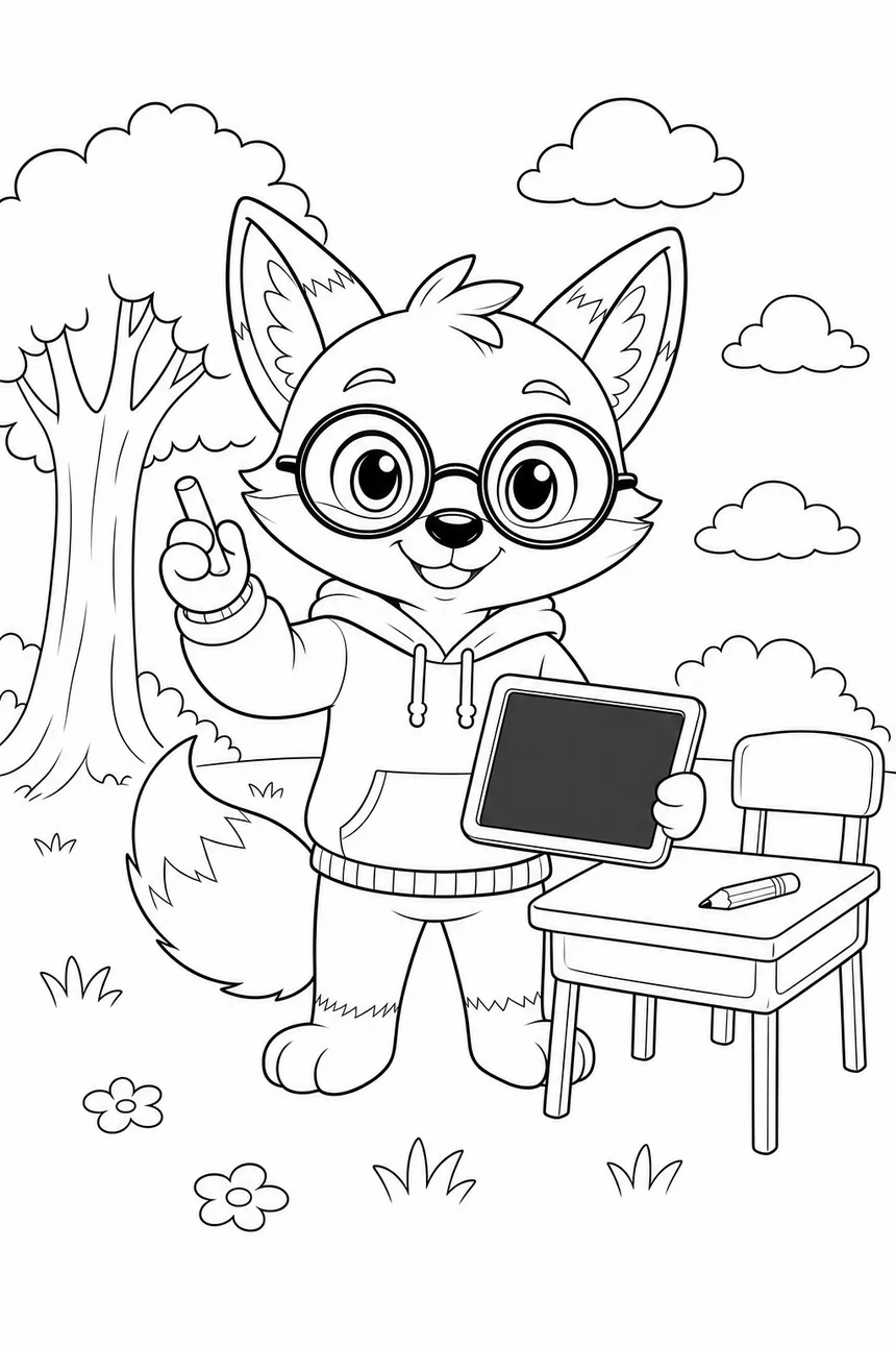 Coloriage de Ren le renard qui tient une ardoise et une craie, un crayon posé à côté