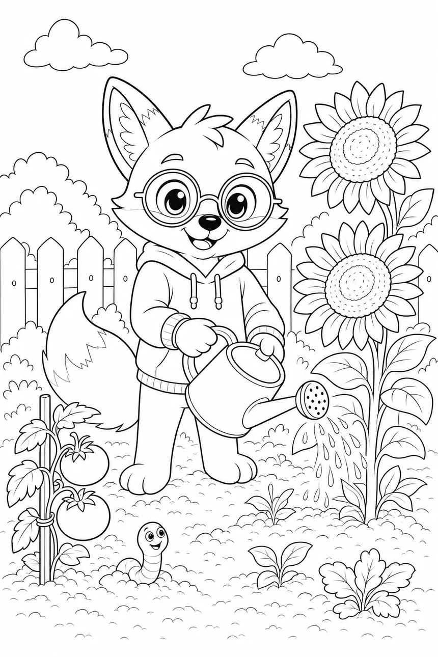 Coloriage de Ren le renard qui arrose de grands tournesols avec son arrosoir, un plant de tomates à côté, un ver de terre sort de la terre